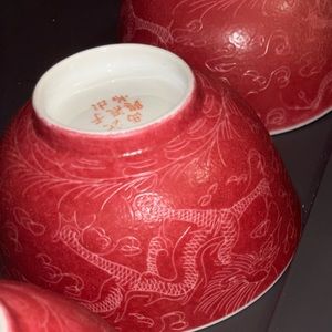 Chinese Deep Pink Sgraffito Porcelain Bowls with Dragon Motif - 4.5" Diameter